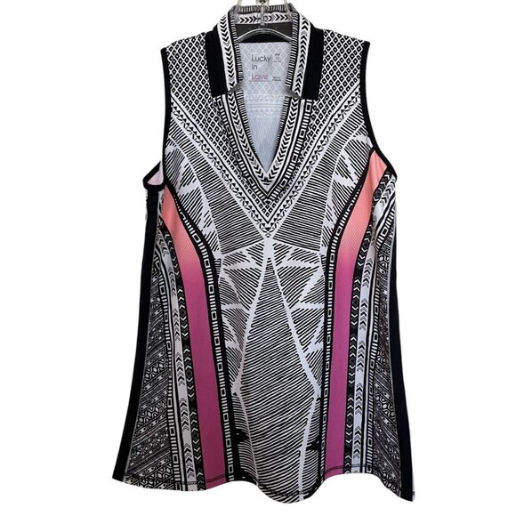 Lucky in Love Tops - Lucky In Love Golf Tank Top‎ Womens Size XS Black Pink Geometric V Neck